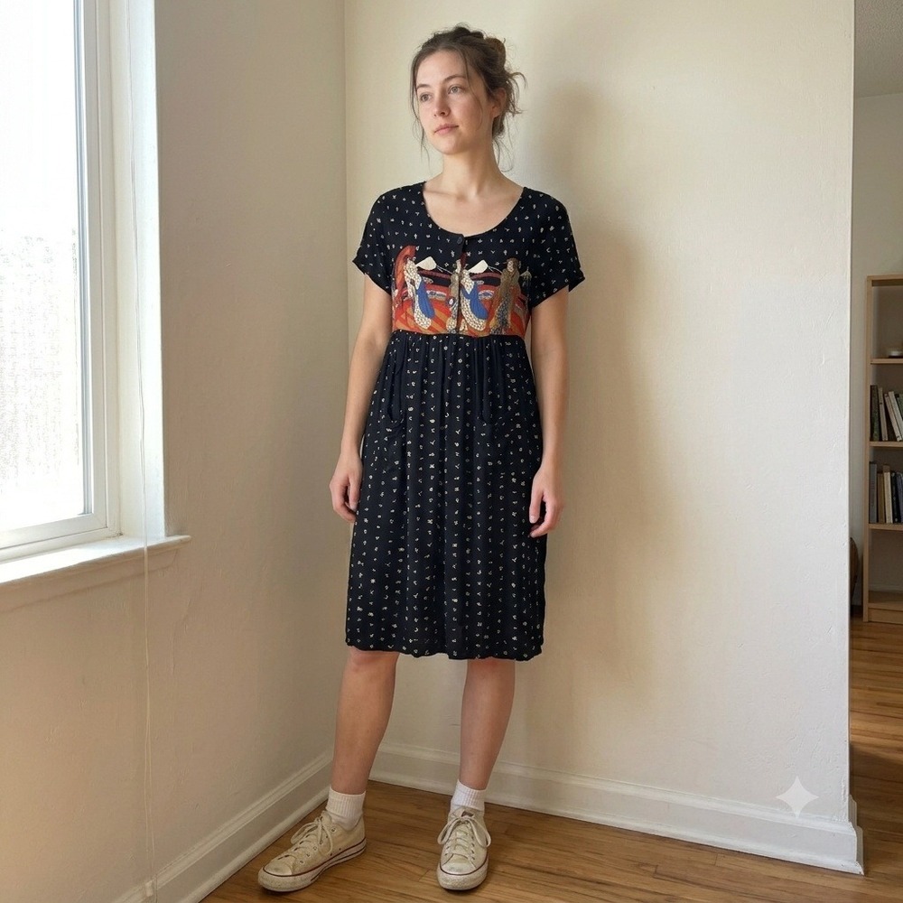 Vintage 90s Collections by Xina Ann Womens Dress S Black Geisha Print Hawaiian